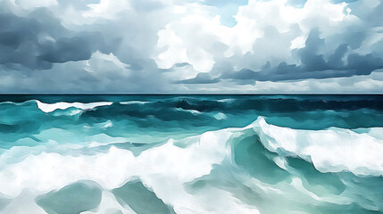 Poster - Abstract teal and white ocean wave texture painterly digital art