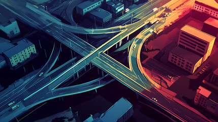 Poster - Aerial view of highway interchange urban infrastructure illustration digital art