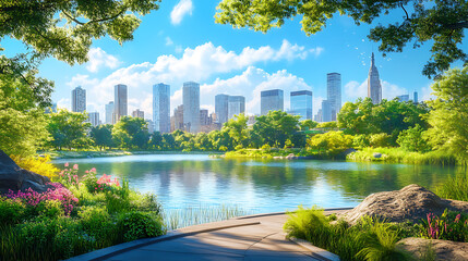 Leinwandbilder - Futuristic highway leading to modern city skyline lush garden and lake in foreground digital painting
