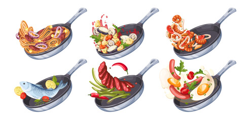 Wall Mural - Tossing in air cartoon frying pan with food set. Meat and fish, vegetables and seafood ingredients cooked in frying pan with spices. Cooking mascot, cartoon chef skillets of dinner vector illustration