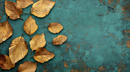 Aufkleber - Grunge gold leaves on textured teal background autumn color palette abstract nature art digital painting