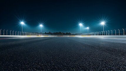 Poster - Highspeed racing arena asphalt track illuminated by bright spotlights at night dramatic photography