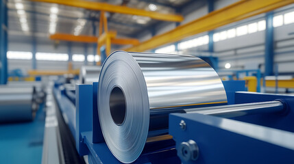 Poster - Industrial steel manufacturing rolls of sheet metal in factory photorealistic 3d rendering