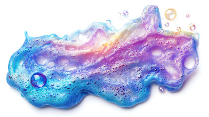 Poster - Iridescent soap foam and colorful bubbles floating gracefully isolated on pure white background abstract photo
