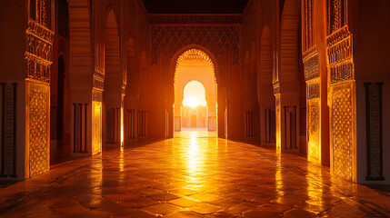 Poster - Majestic koutoubia mosque in marrakech illuminated by warm sunrise glow islamic architecture travel photography