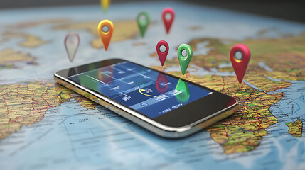 Leinwandbilder - Mobile devices leaving digital footprints on world map geolocation tracking concept