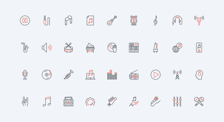 Wall Mural - audio, music and voice record and play back equipment, musical instruments line icon set. sound wave