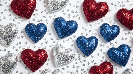 Aufkleber - Pattern of glitter red white and blue hearts, with each heart filled in different shades of silver glitter on a pure white background