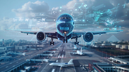 A Modern Airplane Approaches a Busy Airport Runway Amid Digital Overlays of Flight Data and Technology