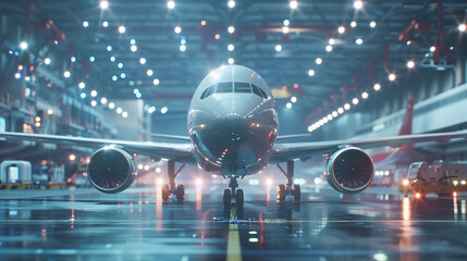 Wall Mural - A Large Commercial Airplane Stands on the Tarmac of a Bustling Airport Hangar, Illuminated by Bright Overhead Lights During Nighttime Operations