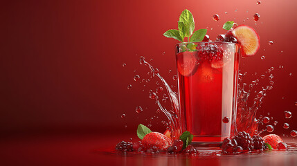 Poster - Refreshing red fruit juice splash with sliced berries and mint leaves 3d illustration