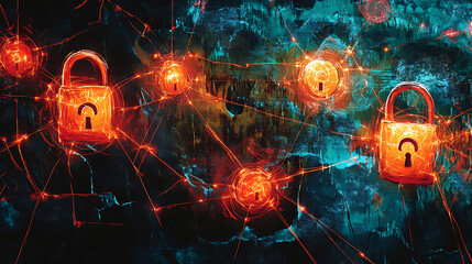 Poster - Secure global network with glowing connections and padlocks cybersecurity concept digital art