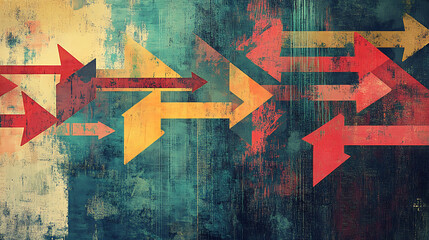 Poster - Thoughtprovoking digital illustration of arrows pointing in various directions on an artistic background symbolizing the complexity of decisionmaking and life choices