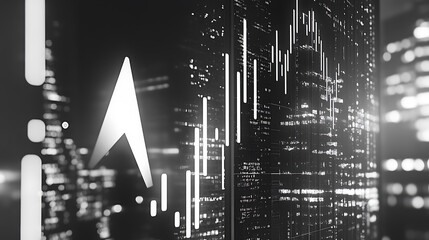 Aufkleber - Digital stock market graph with arrow pointing upwards and city background, white arrow on grey background, financial growth concept, upward arrows overlaying each other
