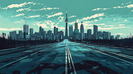 Poster - Dystopian toronto skyline with a desolate highway leading to a postapocalyptic city scifi illustration