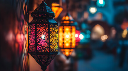 Poster - Colorful moroccan lanterns illuminating a traditional souk in marrakech travel photography
