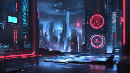 Leinwandbilder - Futuristic smart city with digital technology elements and holographic interfaces concept illustration