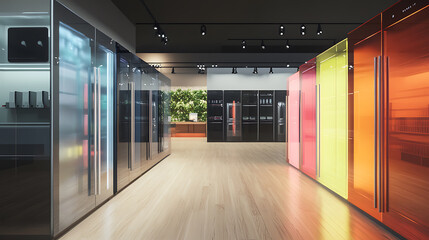 Poster - Eclectic display of empty glass door refrigerators in appliance store showroom 3d render visualization