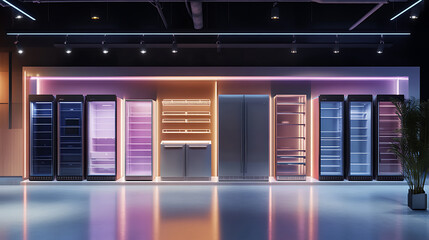 Aufkleber - Eclectic display of empty glass door refrigerators in appliance store showroom 3d render visualization