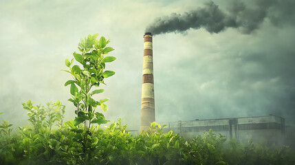 Wall Mural - Green plant growth amidst industrial chimney emissions decarbonization concept illustration