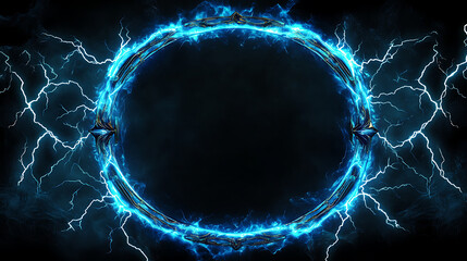 Fototapete - Electric plasma portal glowing blue holographic circles and lightning frame isolated on black futuristic scifi background