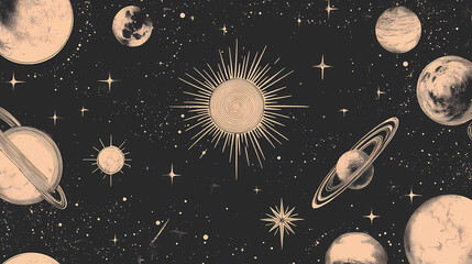 Wall Mural - Black and beige geometric vintage background featuring solar system elements astrological and esoteric themes with mid century design thin lines suns stars stripes and dots. Arcane. Illustration