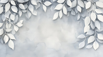 Aufkleber - Light grey watercolor background with white leaves and foliage, banner design, copy space concept