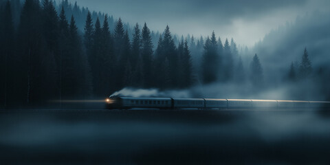 Aufkleber - Train moving through foggy forest at night