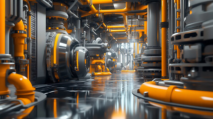 Leinwandbilder - Industrial gray and orange metallic steel factory room with round gas or water valve pipes futuristic technology installation