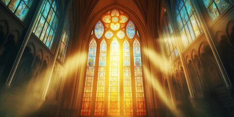 Wall Mural - Sunlight illuminates colorful stained glass window in a church, creating a spiritual ambiance