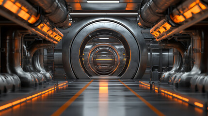 Poster - Industrial gray and orange metallic steel factory room with round gas or water valve pipes futuristic technology installation