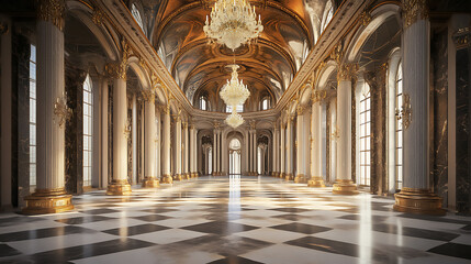 Poster - Majestic fantasy palace hall interior with intricate architecture realistic game concept illustration digital cg artwork