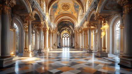 Poster - Majestic fantasy palace hall interior with intricate architecture realistic game concept illustration digital cg artwork
