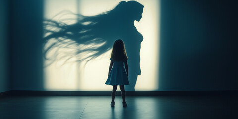 Little girl looking at superhero shadow on wall, dreaming of future