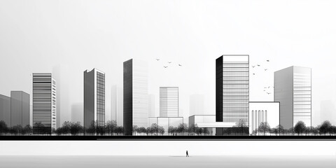 Aufkleber - Modern city skyline sketch with birds flying and businessman walking in black and white