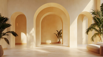Poster - Modern boho mediterranean entryway with arched walls in stylish home interior 3d rendering