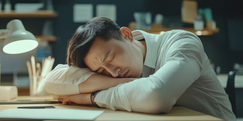 Poster - Exhausted asian office worker sleeping at desk after working late at night