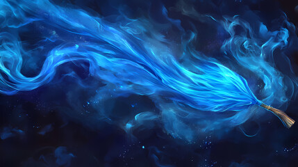 Wall Mural - Closeup blue smoke cloud magic broom sparkling spirits flowing fabric league legends arcane space ghostly floating deep liquid glass mistic. Arcane. Illustration