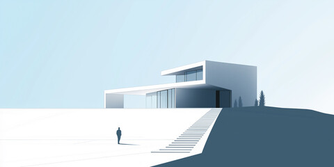 Poster - Businessman walking towards modern minimalist white house exterior under blue sky