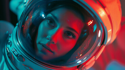 Aufkleber - Female astronaut wearing space helmet exploring a new planet with red and blue lights