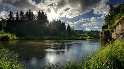Poster - panoramic photo of beautiful river in the forest, sun shining through clouds, green trees on both si