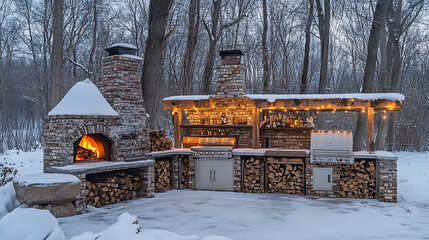 Poster - Rustic outdoor kitchen with brick pizza oven and gourmet grilling station