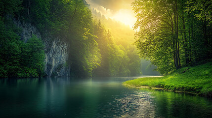 Poster - panoramic photo of beautiful river in the forest, sun shining through clouds, green trees on both si