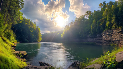 Poster - panoramic photo of beautiful river in the forest, sun shining through clouds, green trees on both si