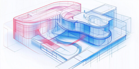 Poster - Abstract architectural drawing showing modern building design with blue and red accents