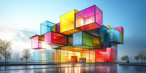 Poster - Colorful modern glass building shining in the city at sunset