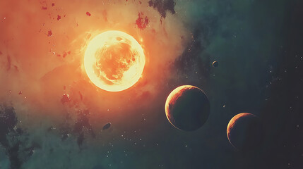 Poster - Planets orbiting a bright glowing sun in deep space astronomy concept digital painting