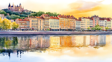 Aufkleber - Serene saone river reflecting colorful historic buildings of lyon france soft golden hour light watercolor painting