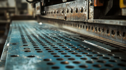 Poster - Precision punches automated machine creating uniform patterns in metal sheet industrial photo