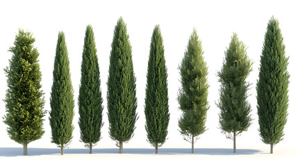 Poster - Realistic 3d illustration set of cupressus sempervirens evergreen trees isolated on white background mediterranean cypress clipart